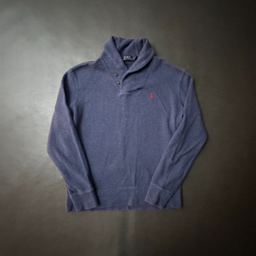 Polo Ralph Lauren Sweater Mens Large Blue Shawl Collar Sweatshirt Buttons Preppy